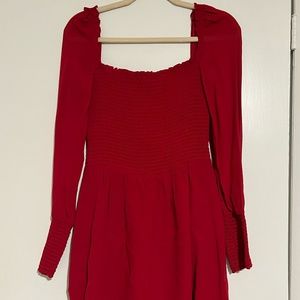 REFORMATION RED SMOCKED MINI DRESS